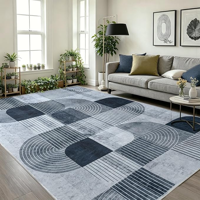 Large 9x12 Area Rugs for Living Room-Soft Modern Geometric Gray Rug for Bedroom, Washable Non-Slip Indoor Floor Abstract Carpet for Dining Room Nursery Office Home Decor