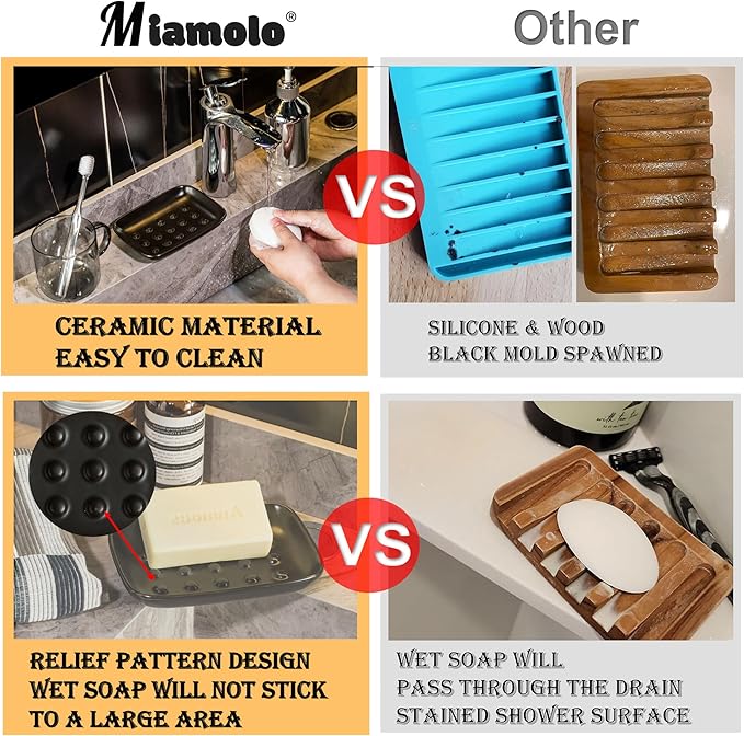 Miamolo Soap Dish, Ceramic Soap Holder Shower Soap Dish for Bar Soap Sponge, Soap Saver Tray for Bathroom Kitchen Sink, Black