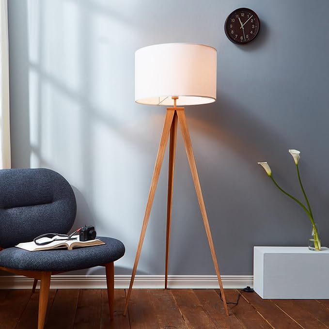 Teamson Home 61.81 in. Postmodern Tripod Floor Lamp with Foot Switch, Minimalist Lighting Option for Ambient, Accent, or Reading, Faux Natural Wood Grain Finish and White Drum Shade