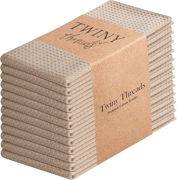 TWINY threads Kitchen Towels Set of 12, 16x26 Inches, 100% Cotton Waffle Weave Dish Towels, Soft, Absorbent Tea Towels with Hanging Loop, Washable Reusable Cloths for Cleaning, Beige