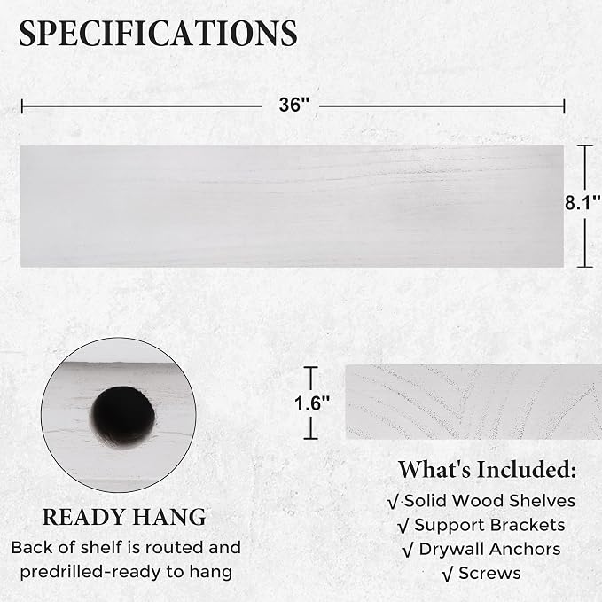Axeman Floating Shelves, 8 Inch Deep Rustic Solid Wood Wall Shelves for Storage, Wall Mounted Display Shelving with Invisible Heavy-Duty Metal Bracket, 36" W x 8" D x 1.6" H, Distressed White