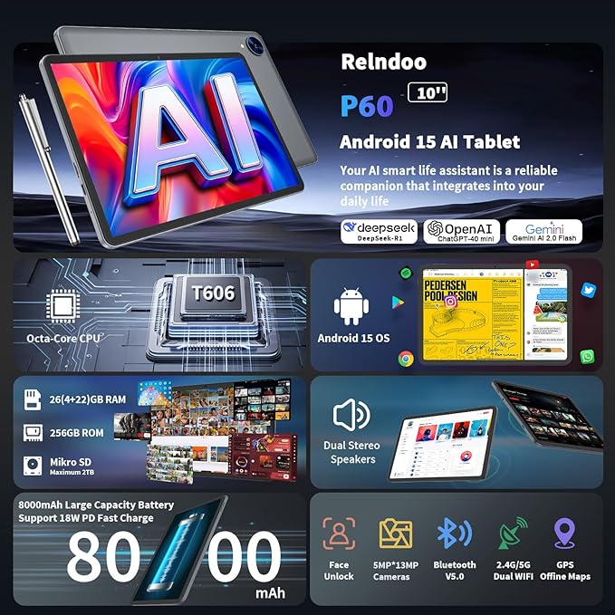 Relndoo Android Tablet, 10.1 inch Android 15 Tablet with Keyboard, 24GB+256GB+2TB Expandable, 2 in 1 Tablets with Keyboard Case Mouse Stylus, Gemini AI, 8-core, 8000mAh, 5G WiFi, GMS,GPS (Black)