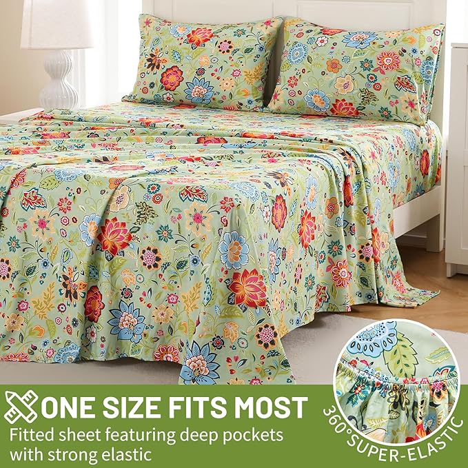 Bedlifes Queen Size Extra Deep Pocket Sheet Sets - Fits Mattresses Up to 18-24" Thick, 4-Piece Microfiber Set with 1800 Thread Count, Soft, Smooth, Breathable, Featuring Floral Sage Green