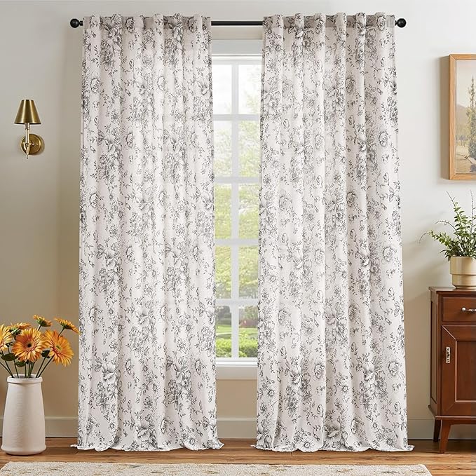 jinchan Linen Blend Curtain Floral Curtains for Living Room 108 Inch Length Black Printed Curtain Rod Pocket Back Tab Farmhouse Peony Flower Patterned Drapes Bedroom Window Curtains Set 2 Panels