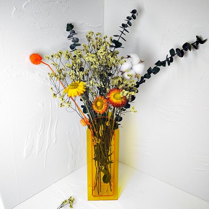 Acrylic Vase Creative Gifts Minimalist Design Wedding Centerpiece Home Office Decor Elegant Floral Display Stand(Not Including Flowers) (Full-Yellow, 1PCS)
