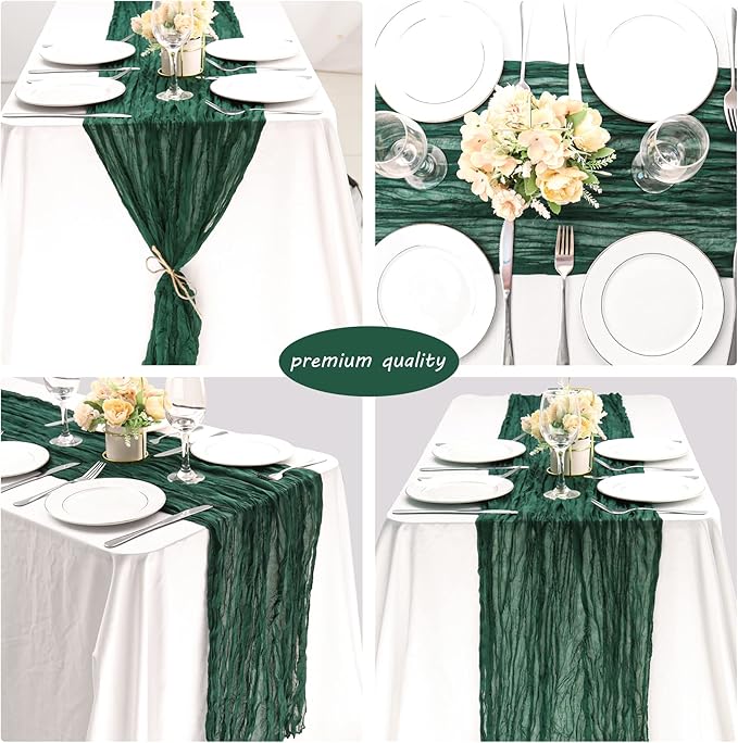 12 Pack 10Ft Cheesecloth Table Runner 35x120 Inch Boho Gauze Table Runner Rustic Cheese Cloth Long Romantic Table Runners for Wedding Bridal Shower Birthday Party Table Decor (Dark Green)