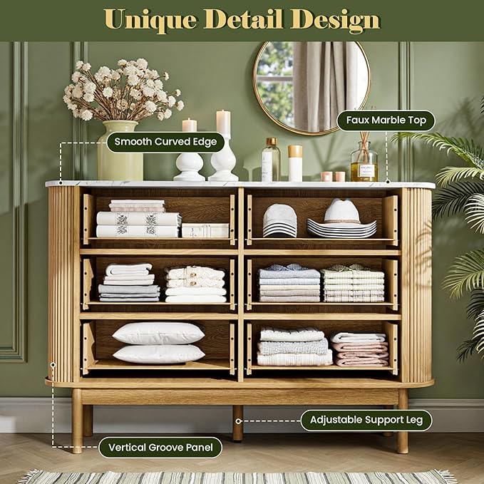Fluted 6 Drawer Dresser for Bedroom, 47" Wide Chest of Drawers with Faux Marble Top & Curved Profile Design, Modern Dresser TV Stand, Wood Drawer Storage Organizer for Living Room, Natural