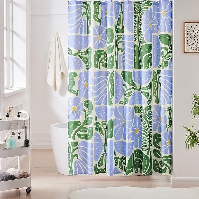 Ohocut Mid Century Modern Abstract Geometric Colorful Boho Shower Curtains for Bathroom, Cute Blue and Green Floral Retro Bathroom Shower Curtain, Waterproof Vintage Bath Curtain 72''x72''