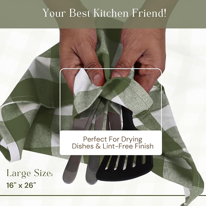 Mint Green and White Buffalo Check Kitchen Towels, 16x26 Inches, 4 Pack, 100% Cotton Dish Cloths, Reusable Hand Towels for Drying Glassware, Cleaning Spills, Farmhouse Plaid Towel