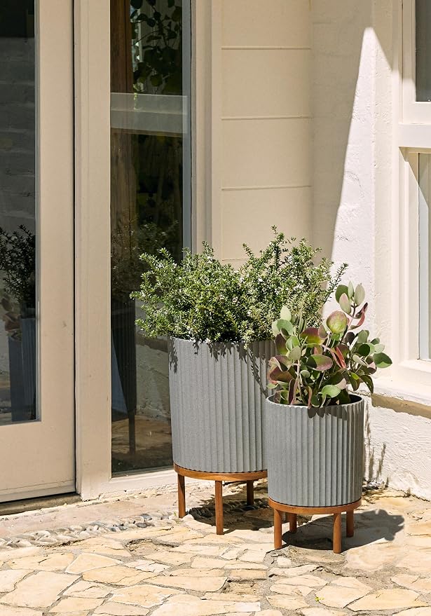 Veradek Demi Series Round Planter w/Stand for Porch/Patio | Durable Plastic-Stone Composite & Wooden Stand | Modern Décor for Tall Plants, Flowers