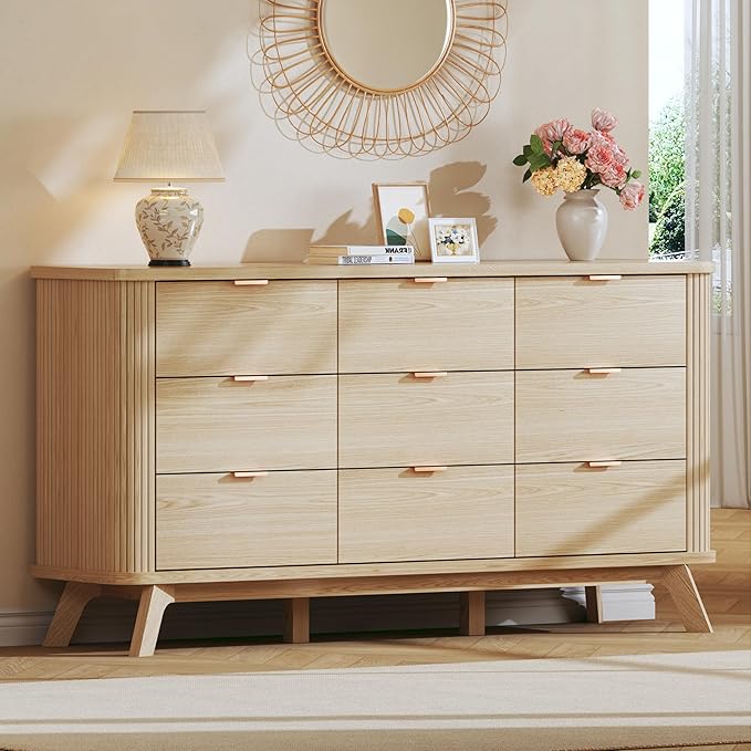 Fluted 9 Drawers Dresser for Bedroom, 60" Mid Century Modern & Chests of Drawers, Curved Profile Design, Dresser TV Stand, for Living Room, Entryway, Hallway, Oak