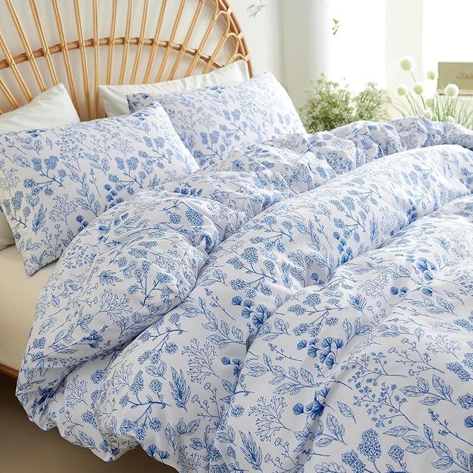 Nayoroom Blue Floral Duvet Cover King Size Cottagecore Botanical Flower Spring Comforter Cover 3 Pcs Soft Breathable Microfiber Pastoral Aesthetic Bedding Set Gift for Women