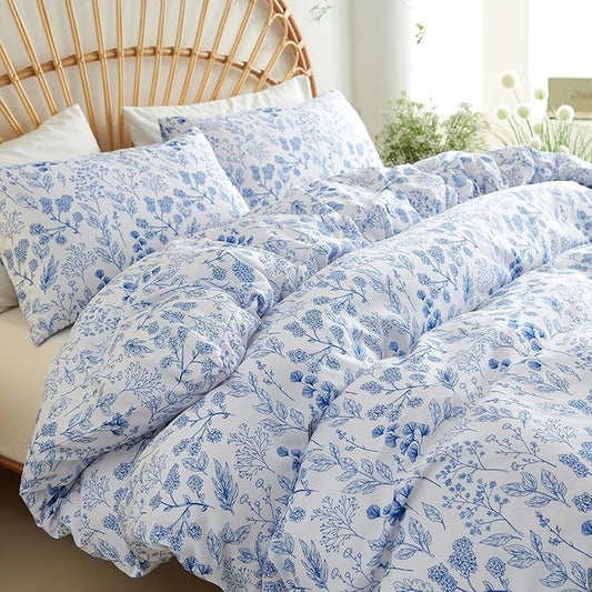 Nayoroom Blue Floral Duvet Cover King Size Cottagecore Botanical Flower Spring Comforter Cover 3 Pcs Soft Breathable Microfiber Pastoral Aesthetic Bedding Set Gift for Women