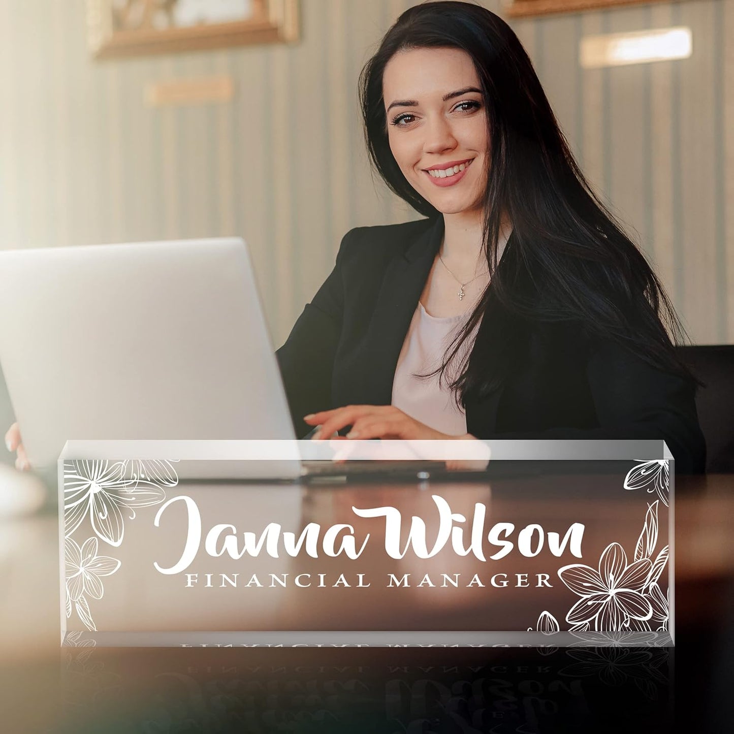 Skiennix Personalized Desk Name Plate - Custom Acrylic Glass Office Decor | Engraved Flower Design