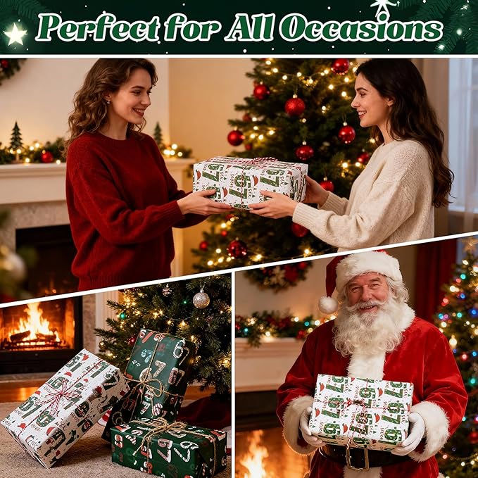 2Pcs 67 Christmas Wrapping Paper, 2025 Funny Holiday Gift Wrap, Unique Six Seven Festive Wrapping Papers, 67 Meme Funny Teen Holiday Gift Wrap (White+Green)