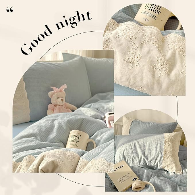 LifeTB Blue Gingham Duvet Cover King 3 Pieces Blue Plaid Comforter Cover with Chic White Lace Soft Microfiber Checkered Grid Duvet Cover with 2 Pillowcases Breathable Gingham Plaid Bedding Set