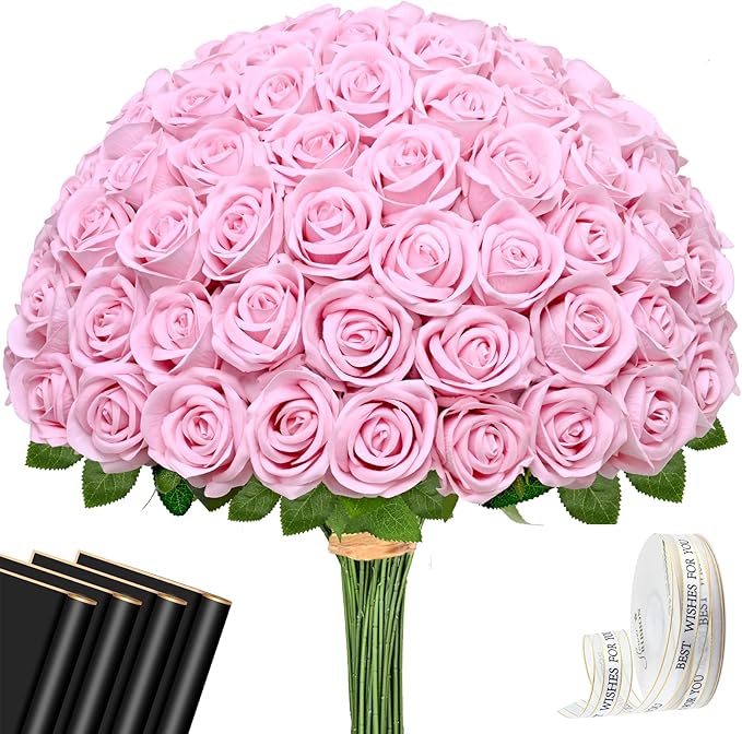 Waipfaru Pink Roses Artificial Flowers Bulk, Real Touch Velvet Roses with Wrapping Paper, 50 Pcs Fake Flowers for Wedding Centerpieces Bridal Bouquet Valentines Mothers Day Decor