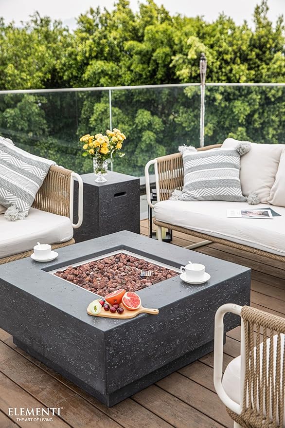Elementi | Manhattan Gas Fire Pit Cast Concrete 36" Square Fire Table, Outdoor Fire Pit Electronic Ignition | Canvas Cover, Lava Rock Included | Dark Gray (Propane Gas)