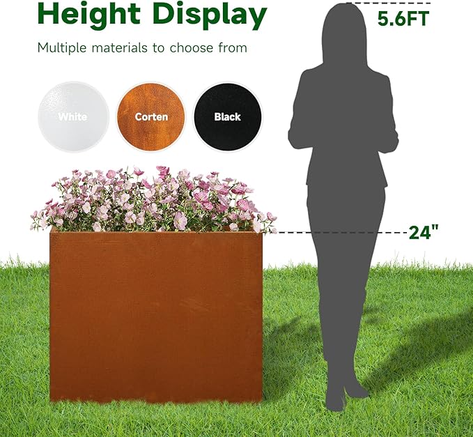 Corten Steel Rectangular Planter for Outdoor Plants 24" x 10" x 24" Rusted Metal Outdoor Planter Box Spliced Flower Box with Partitions for Outside,Indoor,Garden (Corten, 24 * 10 * 24)