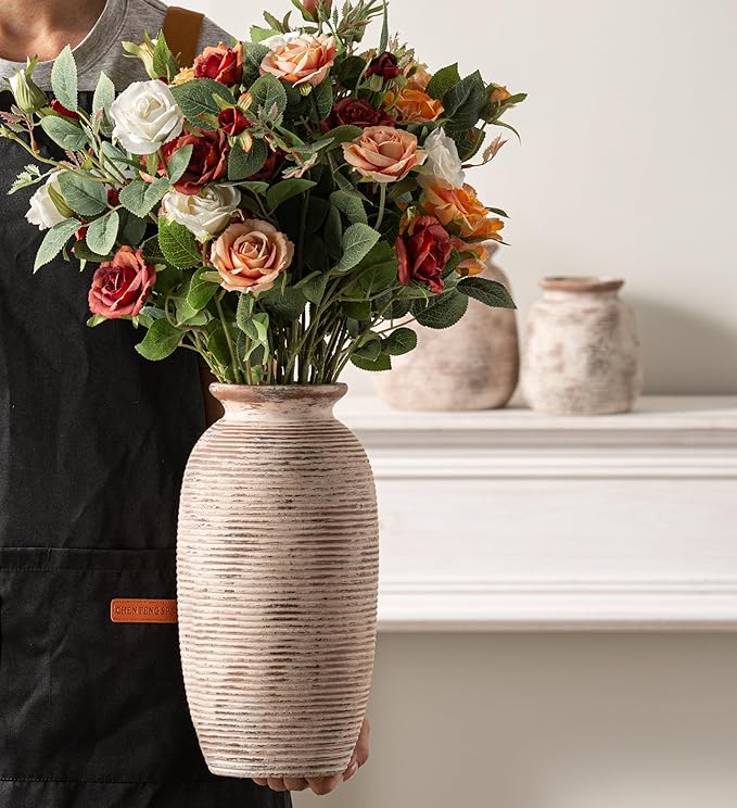 Ceramic Rustic Flower Vase, Large Farmhouse Vases Home Decor, 12.5" Tall Pottery Decorative Pampas Vase for Table Living Room Entryway Mantel Bookshelf Bedroom Bathroom Kitchen
