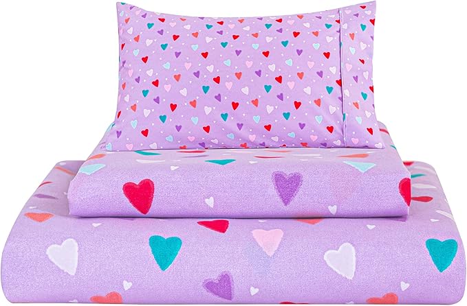 Viviland 3 Pieces Girls Purple Twin Sheet Set - Soft Microfiber Fitted Flat Sheets & Pillowcase - Colorful Hearts Printed Bedding Sets - for Kids & Toddlers