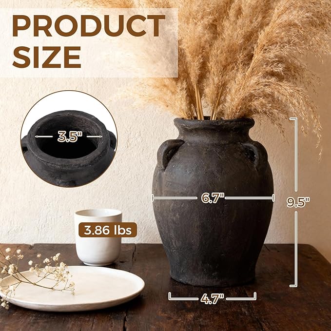 Rustic Matte Black Ceramic Vases, 9.5" H Handmade Distressed Terracotta Vases with 3 Ear, Large Decorative Farmhouse Pottery Vase Home Decor for Table Fireplace Entryway Shelf (Dark Charcoal Taupe)