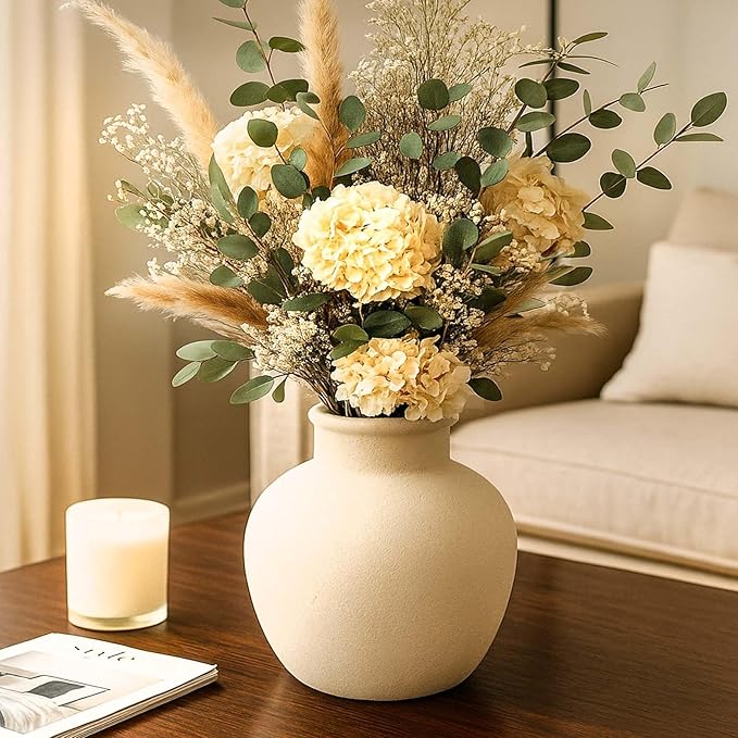 Ceramic Rustic Farmhouse Vase | 6 Inch Pottery Decorative Flower for Home Decor | Boho Vase | Terracotta for Table, Living Room, Bathroom Decoration, Shelf Decor, Mantel, White