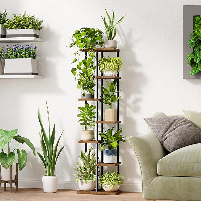 Bamworld Tall Plant Stand Indoor, 7 Tier Plant Shelf for Multiple Plants, Tiered Flower Pot Stands for Patio Garden Balcony Living Room Bedroom, Brown