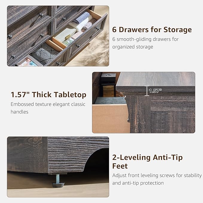 Farmhouse 6 Drawers Dresser for Bedroom, 54" Wide Large Dressers & Chests of Drawers w/Roman Column, Wooden Dresser TV Stand with Large Drawers for Nursery Bedroom Living Room Hallway,Dark Rustic Oak