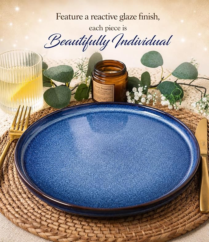 GBHOME Dinnerware Sets for 4, 12 Pieces Stoneware Plates and Bowls Sets, Scratch Resistant Ceramic Dishes, Dishwasher & Microwave Safe, Reactive Glaze-Sea Blue