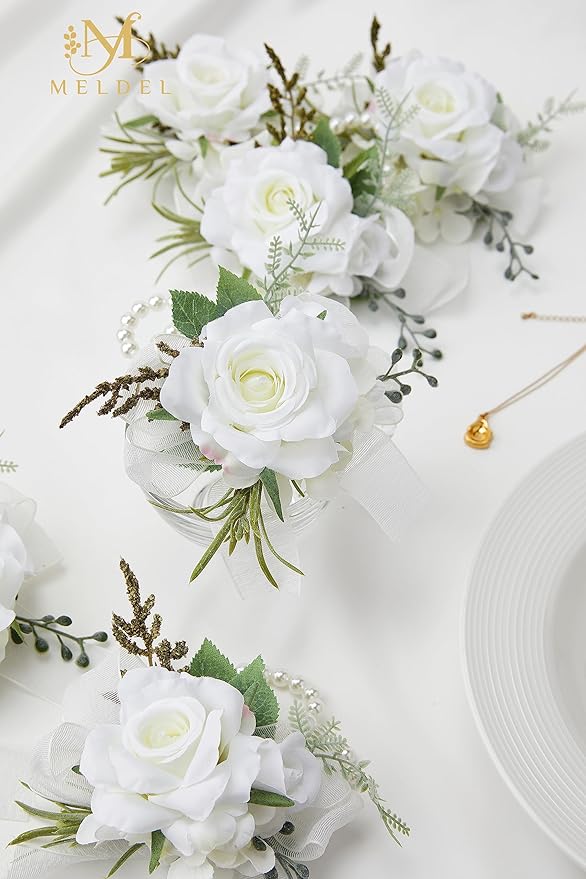 Meldel Wrist Corsage for Wedding, Set of 6, Elegant Artificial White Rose Pearl Wristband Wrist Corsage for Prom Homecoming Party, Perfect Accessories for Bride Bridesmaids, Mother of Bride and Groom
