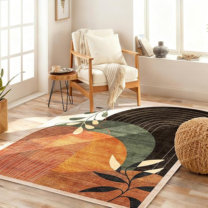 MUJOO 3x5 Washable Rugs,Boho Large Area Rug for Entryway Kitchen Entry Bedroom Bedside Foyer,Small Throw Carpet Indoor Non Slip Mid Century Modern Abstract Botanical Geometric Accent Terracotta