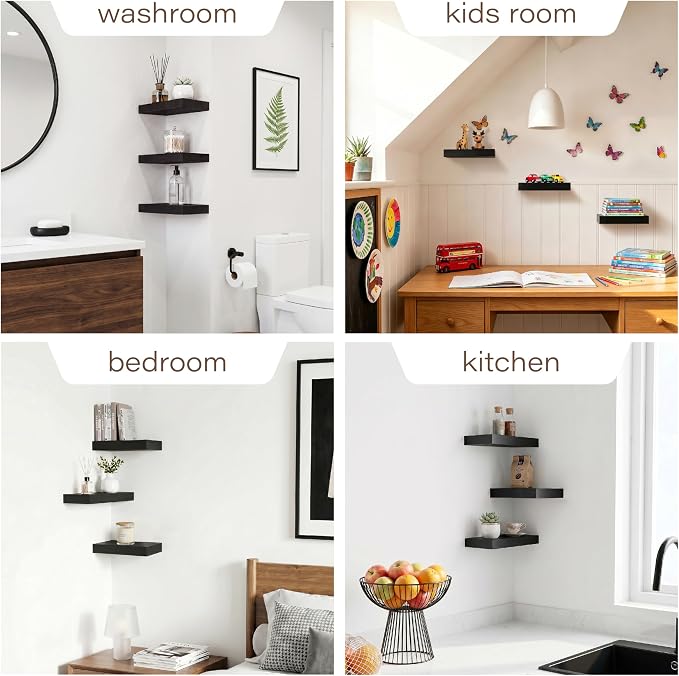 Black Floating Shelves for Wall Set of 3, 11.8 Inch Small Wall Shelves for Bathroom Over Toilet, Home Office & Bedroom Storage, Wall Mounted Shelf Set for Decor, Books & Collectibles