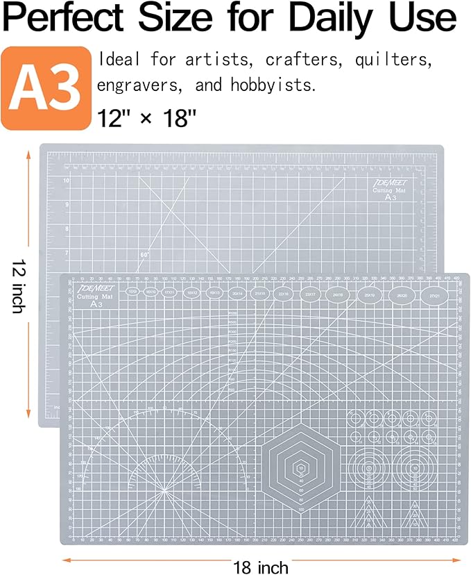 Density-upgraded 18"x12" Self Healing Cutting Mat, Idemeet Rotary Sewing Mat for Crafts, 5-Ply Blade Table Protector Cut Board for Fabric Leather Cutting Quilting Modeling Hobby Project, A3, Gray