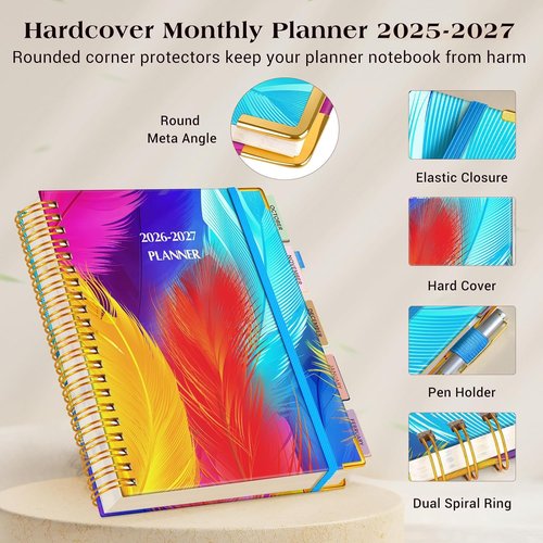 Colorful Feather Planner 2026-2027 | 18-Month Weekly & Monthly Organizer - Large A4 Hardcover, 8.5" x 11"