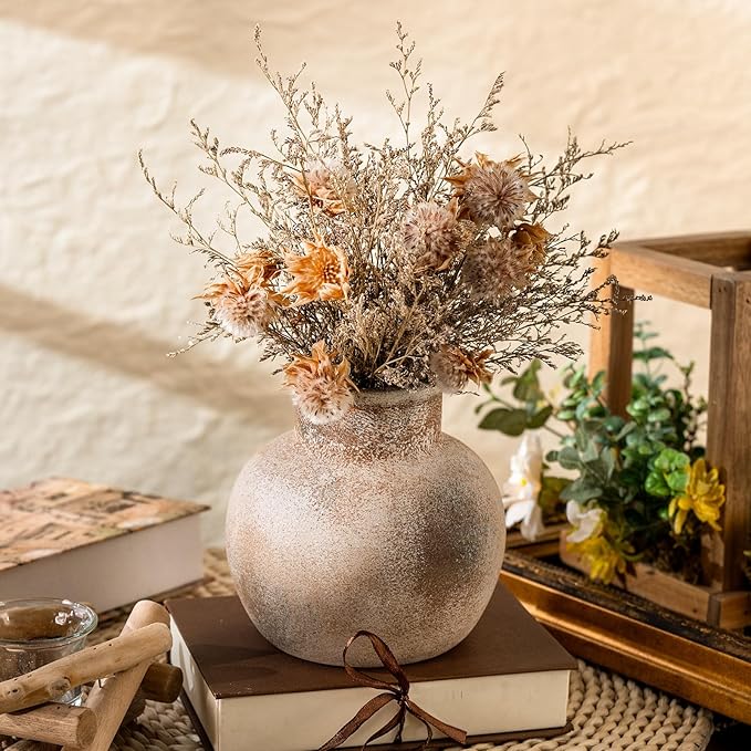 Ceramic Rustic Farmhouse Vase | 6 Inch Pottery Decorative Flower for Home Decor | Boho Vase | Terracotta for Table, Living Room, Bathroom Decoration, Shelf Decor, Mantel, Terra