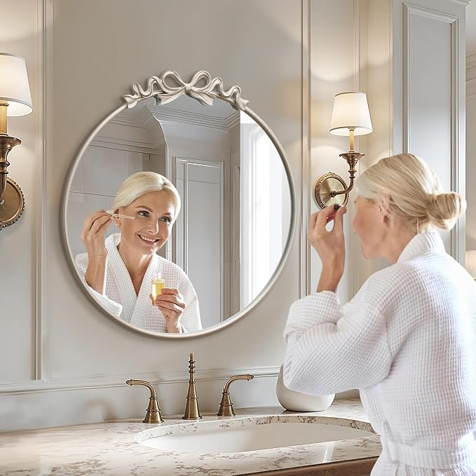 Besdomus Antique Large Wall Mirror: 27" Champagne Silver Bow Vintage Wall Mounted Mirror - Baroque Traditional Ornate for Fireplace/Bathroom/Living Room - Home Decor for Fashion-Conscious