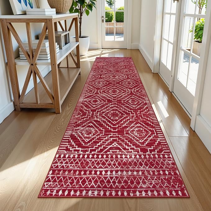 Wonnitar Moroccan Washable 2.5x8 Christmas Runner Rug for Hallway, Non-Slip Stain Resistant Kitchen Runners, Farmhouse Floor Carpet Soft Runner for Bathroom Hall Entyway (Red,2'6"x8')