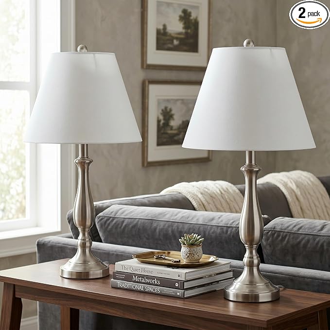 Brushed Steel Table Lamps - Set of 2 Traditional Accent Lights with LED Bulbs - Home Décor for Bedroom, Living Room, Office, or Entry by Lavish Home