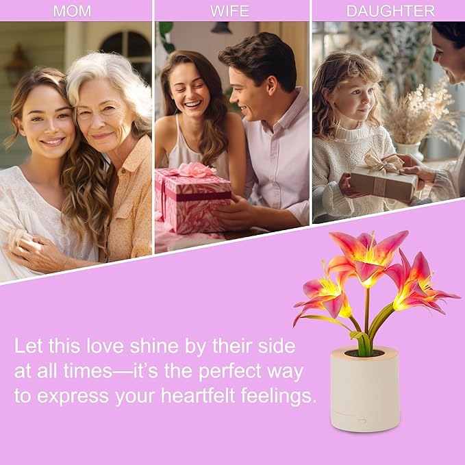 WSYEAR Pink Morning Glory Flowers Table Lamp, Charging Dimmable Cordless Artificial Flower Night Light, Bedroom Office Decor Night Light, Christmas Birthday Gifts for Women Mom
