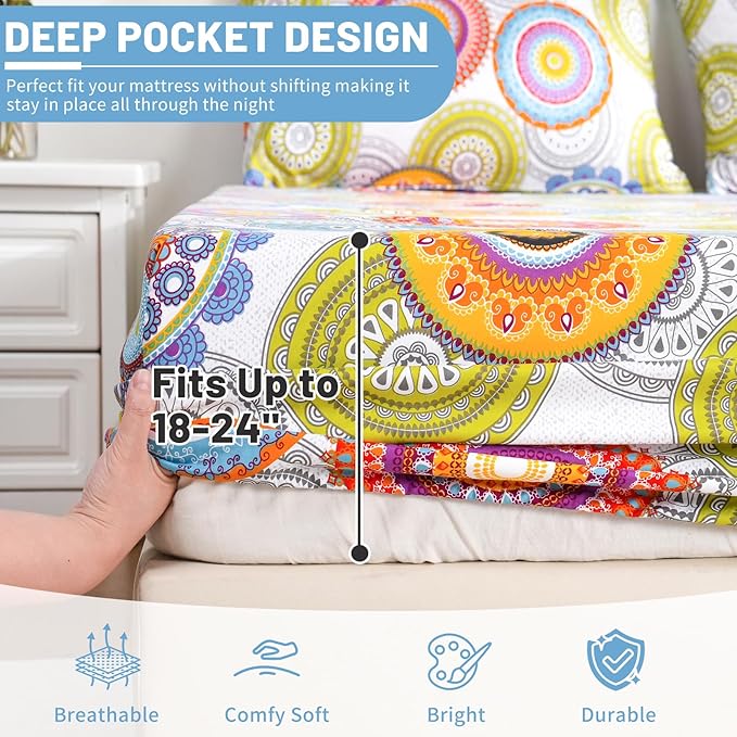 Bedlifes Queen Size Extra Deep Pocket Sheet Sets - Fits Mattresses Up to 18-24" Thick, 4-Piece Microfiber Set with 1800 Thread Count, Soft, Smooth, Breathable, Featuring Mandala Patterned