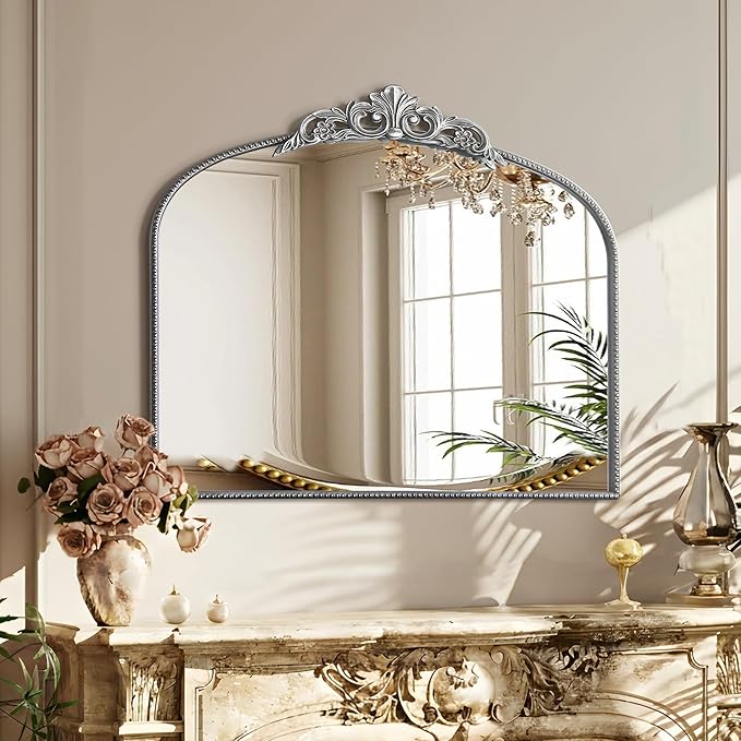 Micasso Vintage Silver Arched Mirror: 36"x29" French Baroque Antique Wall Mounted Mirror - Traditional Ornate Decorative for Wall/Fireplace/Entryway/Bathroom/Hallway - Home Decor for Living Room