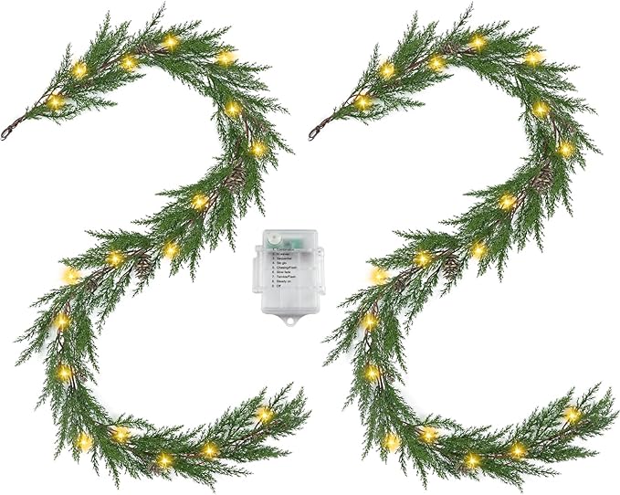 Artgar 2Pcs Christmas Cedar Garland, 6 Ft Realistic Pine Garland, Prelit Christmas Garland with 30 Warm Lights with 8 Light Modes for Mantels Stair Table Indoor Outdoor Winter Xmas Decor (Green 2Pcs)