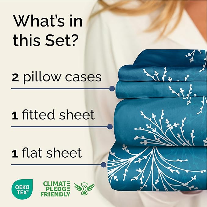 Floral Sheets - Blue & White Floral Bed Sheet Set - 1 Flat, 1 Fitted & 2 Pillowcases w/ Deep Pockets - Wrinkle & Fade Free - Boho Botanical Bedding - Ultra-Soft, Breathable & Cooling - King Size Set