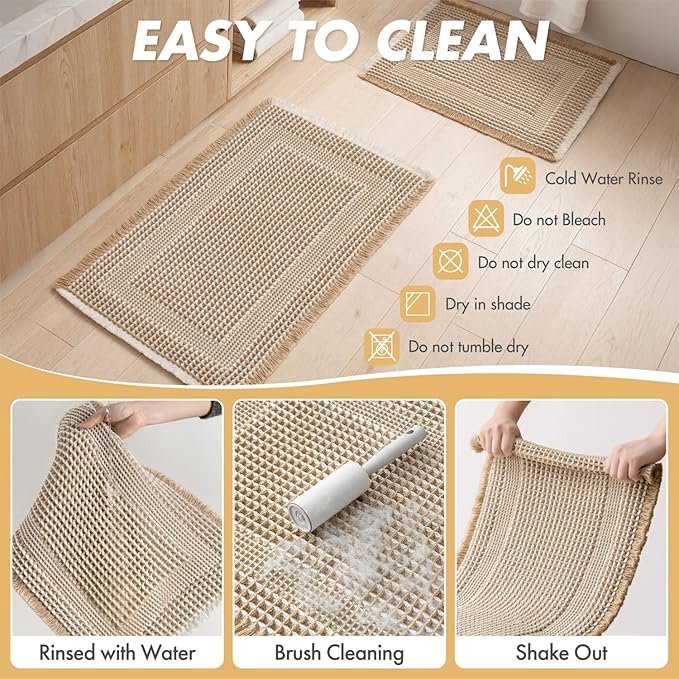 MIULEE Set of 2 Waffle Bathroom Rugs, Boho Bath Rug Super Absorbent, Non Slip Washable Ultra Soft Rubber Backed Beige Bath Mats for Floor, Tub, Shower, Looped Design, Brown & Cream, 17x24 Inch