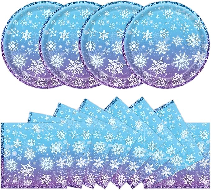 40 Pcs Snowflake Plates and Napkins Party Supplies, Blue Winter Wonderland Disposable Paper Plates and Napkins Tableware Set for Christmas Baby Shower Birthday Party Decorations Serves 20 (Snowflake)