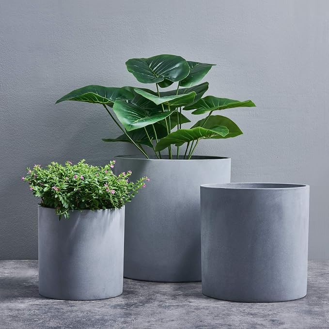FaithLand 10 Inch Fiberstone Planter - Lightweight Modern Cylinder Plant Pot with Drainage Hole & Plug, Authentic Concrete Look, Gray