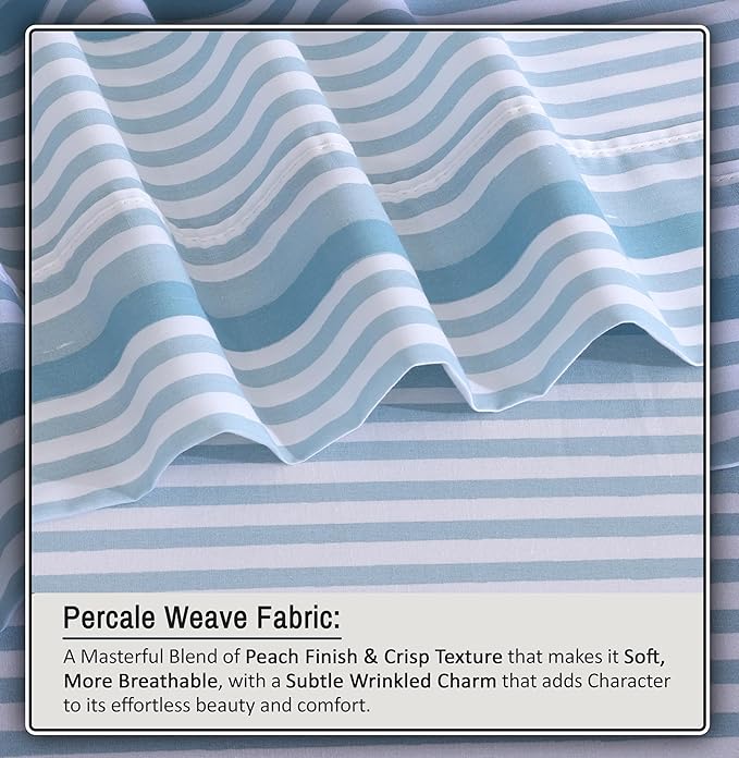 RUVANTI 100% Organic Cotton Sheets Twin XL, Percale Weave, GOTS Certified, 3-Piece Set, Deep Pocket 15", Crisp & Breathable, Soft Durable Bedding, Sábanas Algodón Orgánico – Nautical Stripes