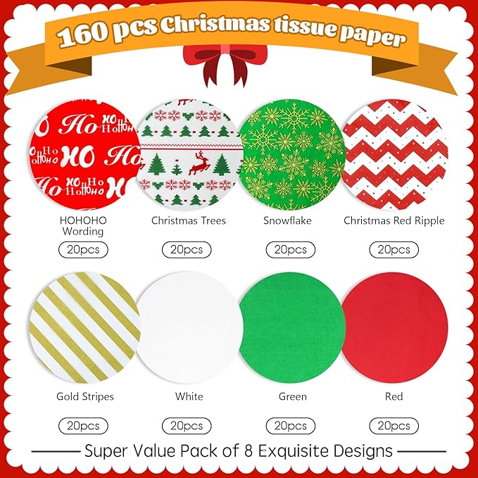 Hifunwu 120 Sheets Christmas Tissue Paper for Gift Wrapping Bags, Christmas Holiday Tissue Paper Bulk for Gift Bags Wrapping
