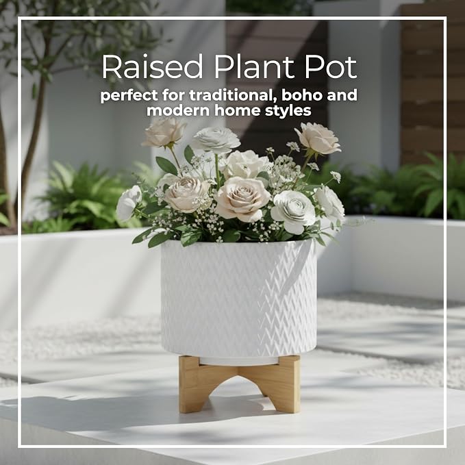 Modern Ceramic Planters with Wood Stand for Home Decor Elegant Flower Pots for Entryway, Garden, and Patio - Decorative Raised Container for Indoor and Outdoor Plants - 10", White & Tan